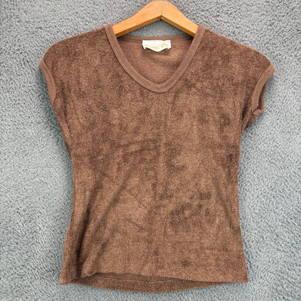 Regal Vintage Brown Terry Cloth V-Neck Cap Sleeve Top Women S